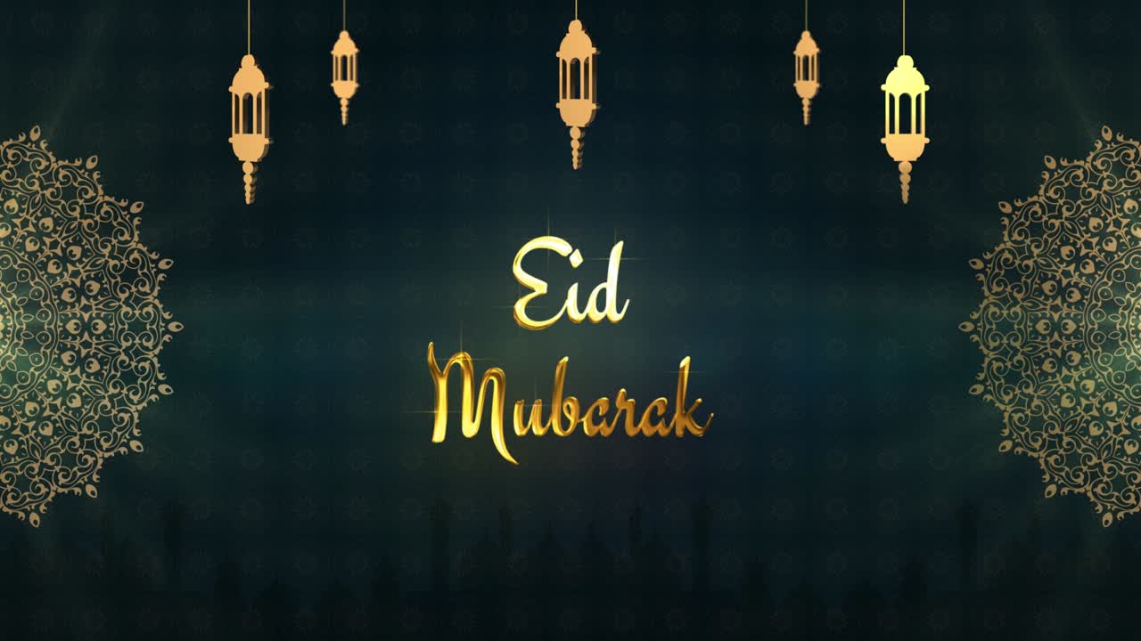 fondo de eid mubarak con hermoso texto dorado en 3d que revela