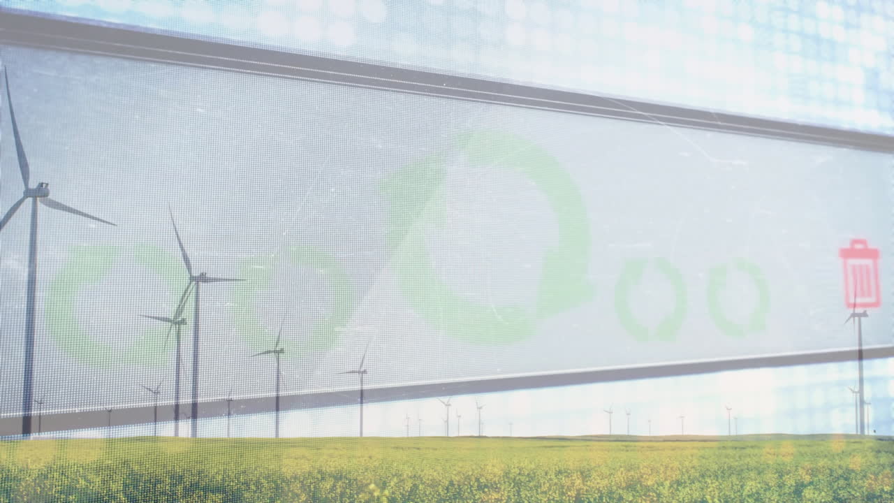 쓰레기통 아이콘 녹색 필드에서 풍력 터빈에 대한 애니메이션