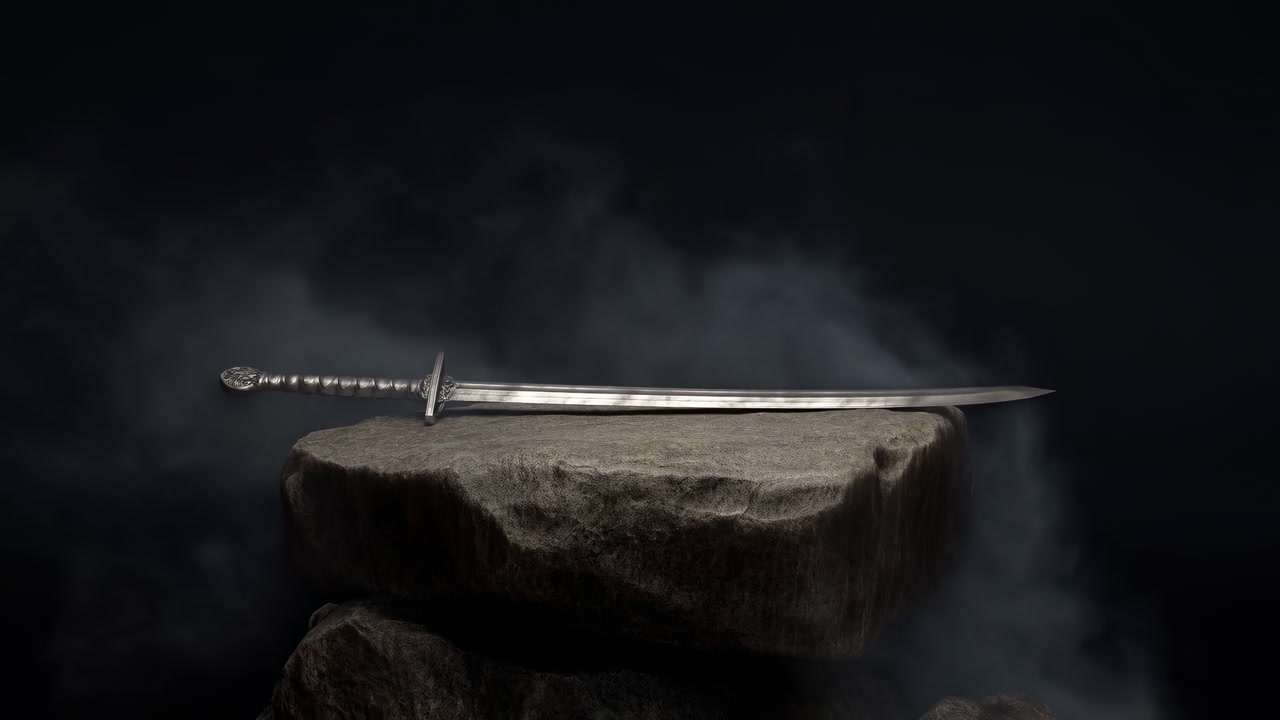 Ancient Steel Sword Resting On Stone, Dramatic Smoke And Lowkey Lighting Highlight Textured Rock Pedestal