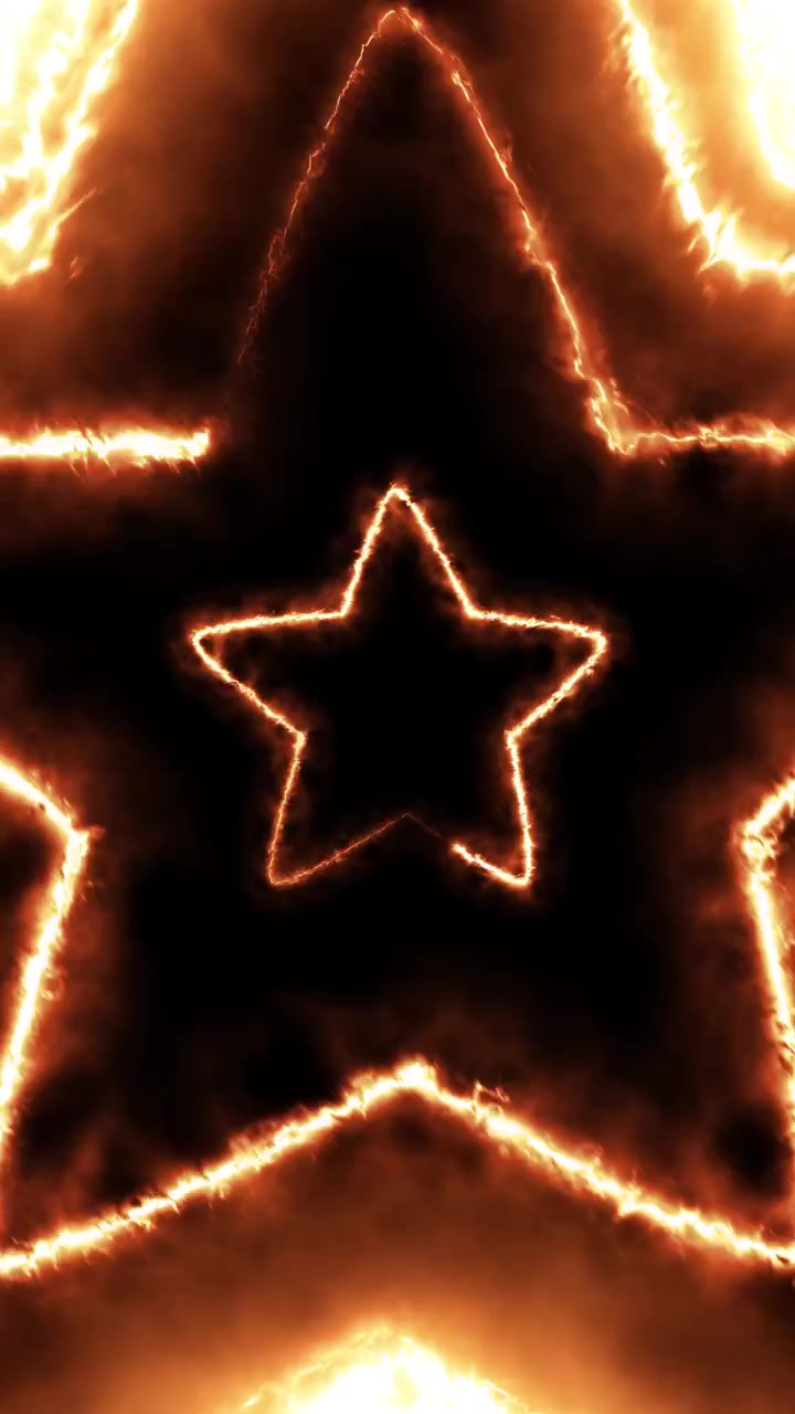 Contornos de estrellas naranjas ardientes que se expanden continuamente hacia el espectador sobre un fondo negro oscuro.