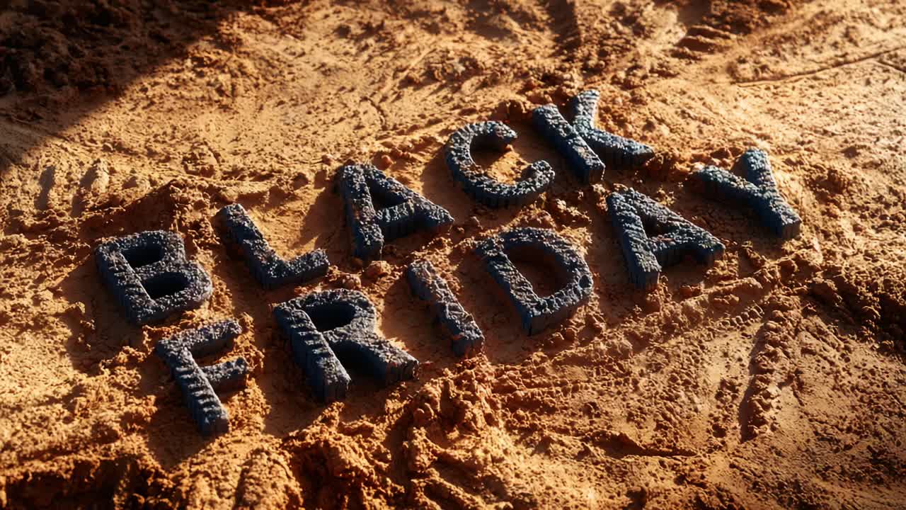 Creative Beach Art: A Unique Representation of Black Friday Using Textured Sand Letters Captured in Two Distinct Frames Showcasing a Natural Artistic Touch