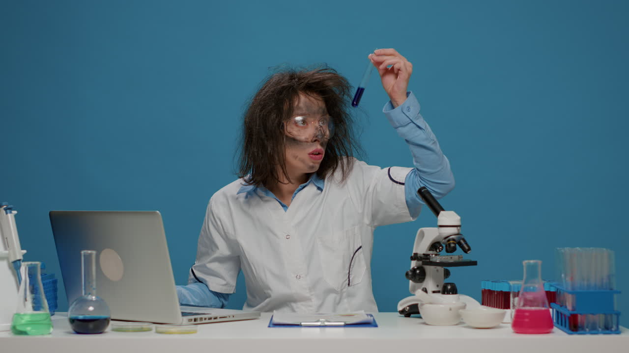 Amusing crazy chemist analyzing liquid in test tube at desk