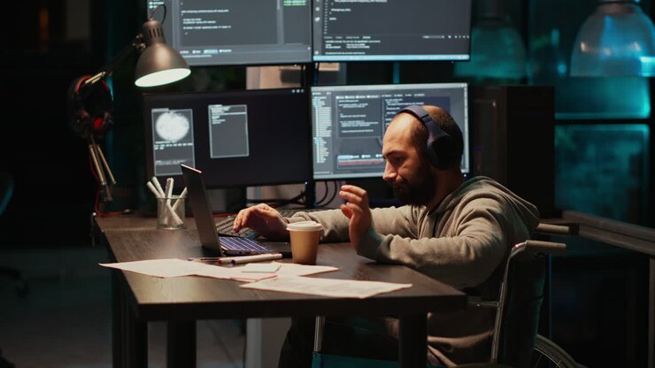 Programmer in Wheelchair Working on Computer