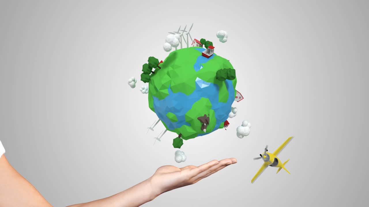 세계 를 돌아다니는 항공기 를 손 으로 보여 주는 것