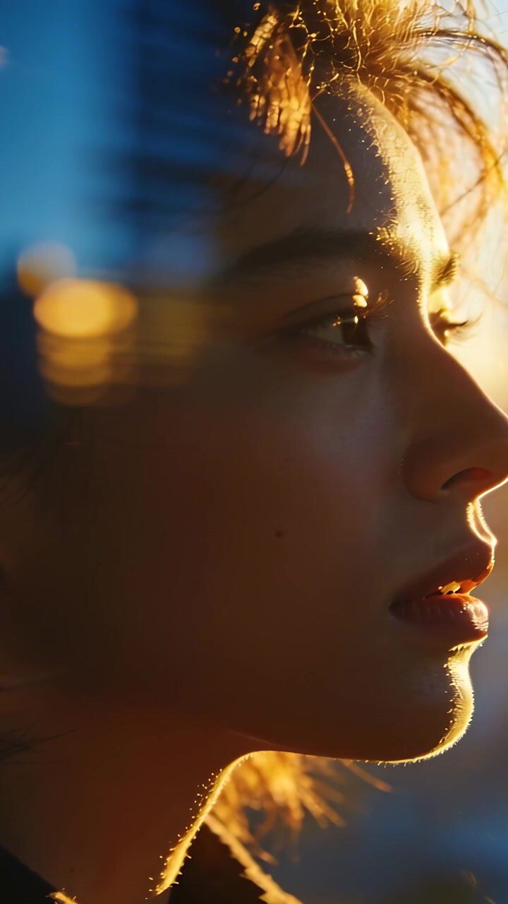 Vertical video: Posing Asian woman in profile at dusk, low sun shifting causing rim light, blinking