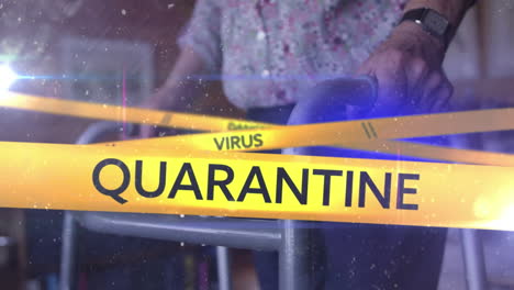 words danger, virus, quarantine written on yellow tape over senior woman. covid-19 spreading