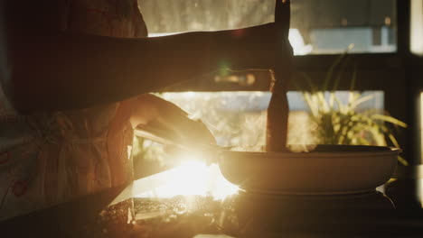 a woman in a dressing gown fries vegetables in a frying pan in her kitchen. the light from their window beautifully illuminates the electric stove in her kitchen.