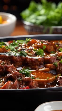 savory beef with mashed potatoes and fresh herbs, served indoors