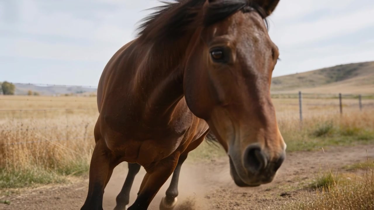 Partendo dal paddock, un cavallo baio che corre e carica verso la telecamera lungo una pista sterrata, sollevando polvere.
