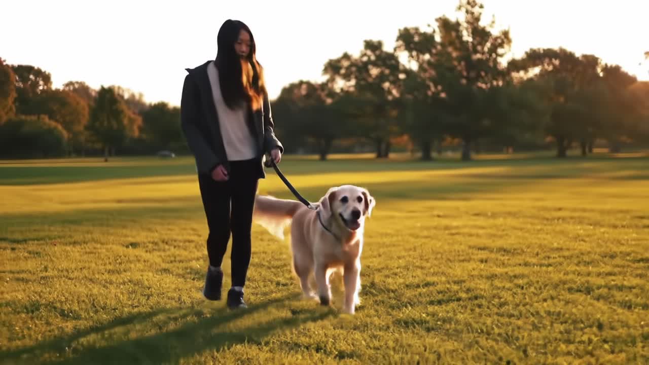 A Serene Evening Walk in the Park: A Young Woman Strolling with Her Golden Retriever on a Sunlit Meadow, Embracing Nature and Companionship