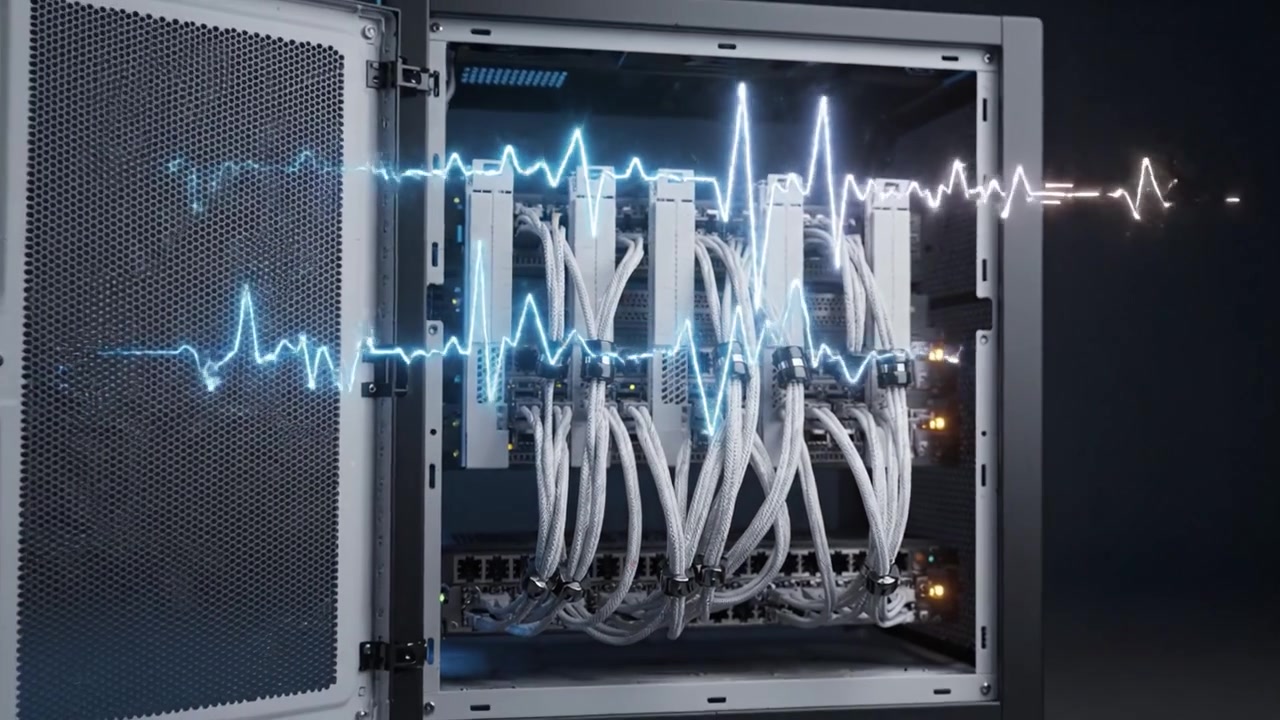 Modern Data Center Rack with Cables and Signal Visualization: A Glimpse into the Future of Networking and Communications in Digital Infrastructure