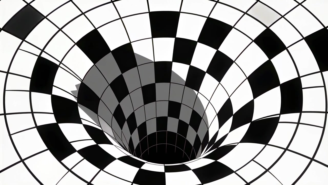 Imbuto piastrellato in bianco e nero che ruota e si rivolge verso l'interno in un'opera d'arte astratta, con un'ombra grigia che si sposta in una V scura.
