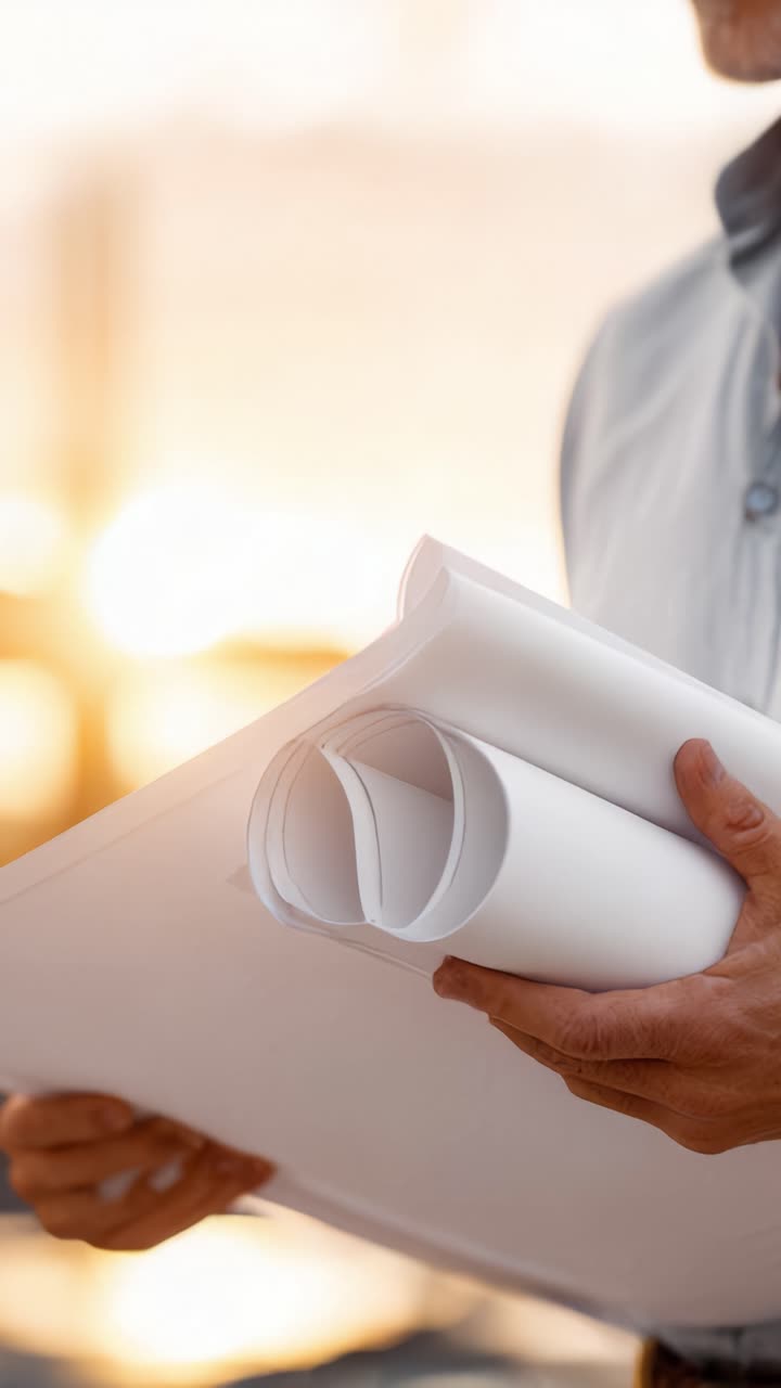 Individual Holding Architectural Plans Against a Blurred Sunset Background, Showcasing the Importance of Design and Vision in Planning and Construction Projects