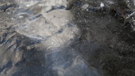 agua que fluye bajo el hielo, corriente de invierno congelada, burbujas de aire bajo el hielo