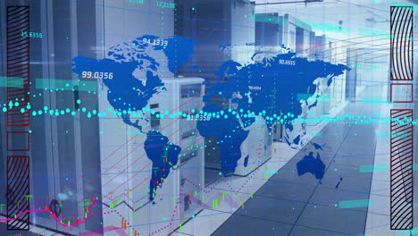 animation of world map, digital data processing over computer servers