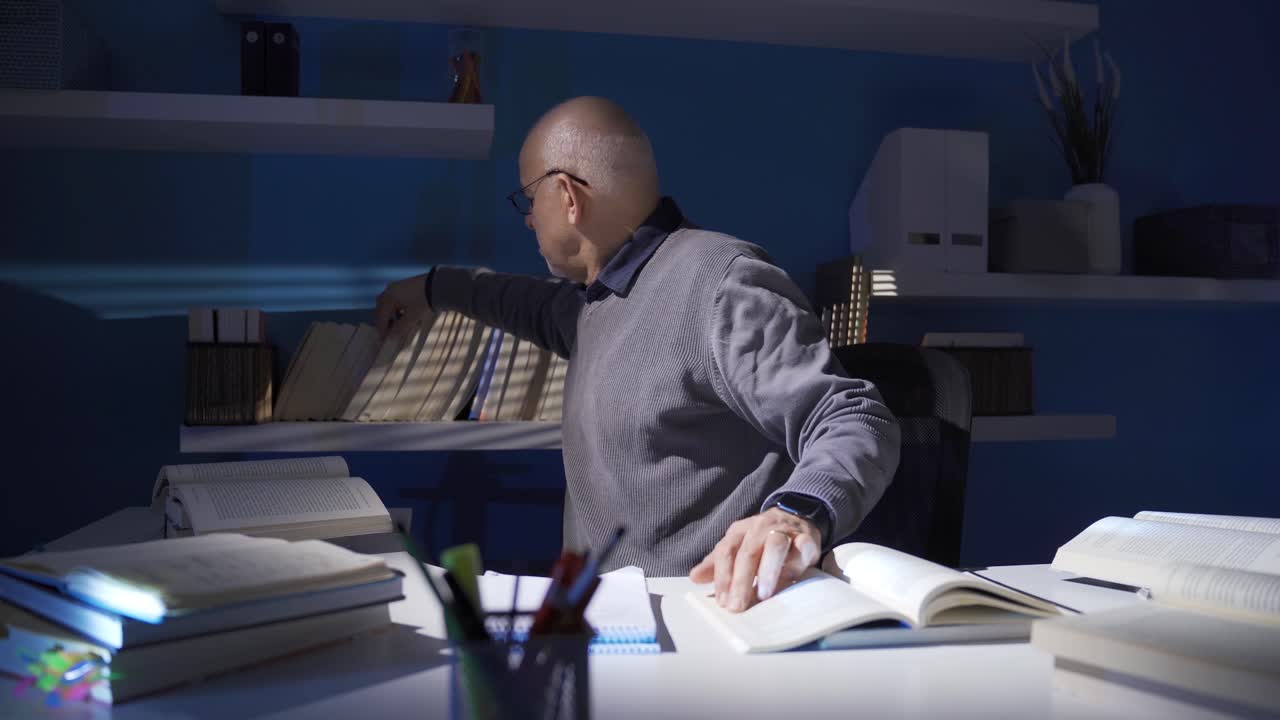 연구자, 역사학자, 역사 연구를 하는 성숙한 노인.