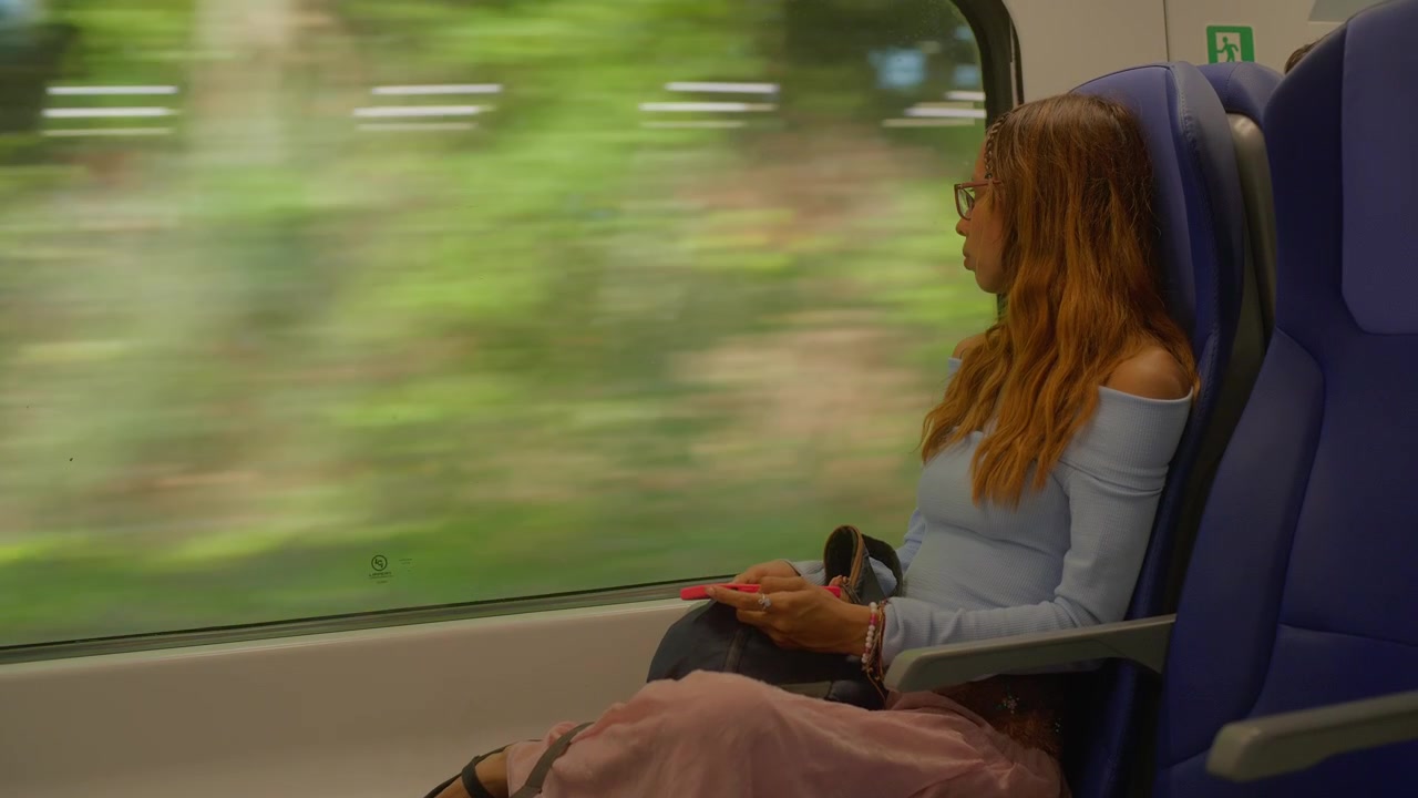 Young girl student sitting on a train
