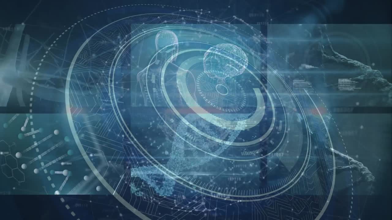 파란색 배경에 의료 데이터 처리를 가진 여러 화면에서 범위 스캔의 애니메이션