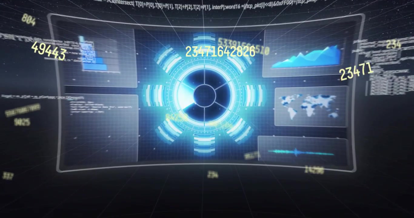 Faint blue flare appearing, central HUD core pulsing and rotating, camera pushing to highlight data