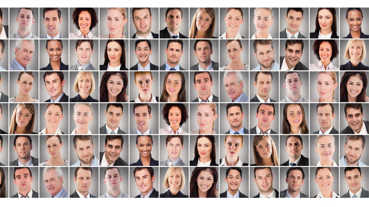 анимация нескольких фотографий различных людей, движущихся на белом фоне