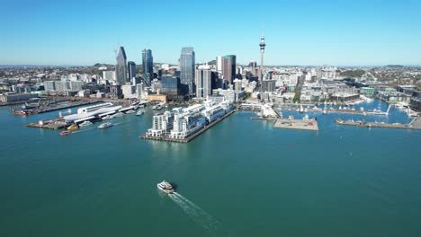 marina and auckland business district skyscrapers in new zealand - aerial drone shot