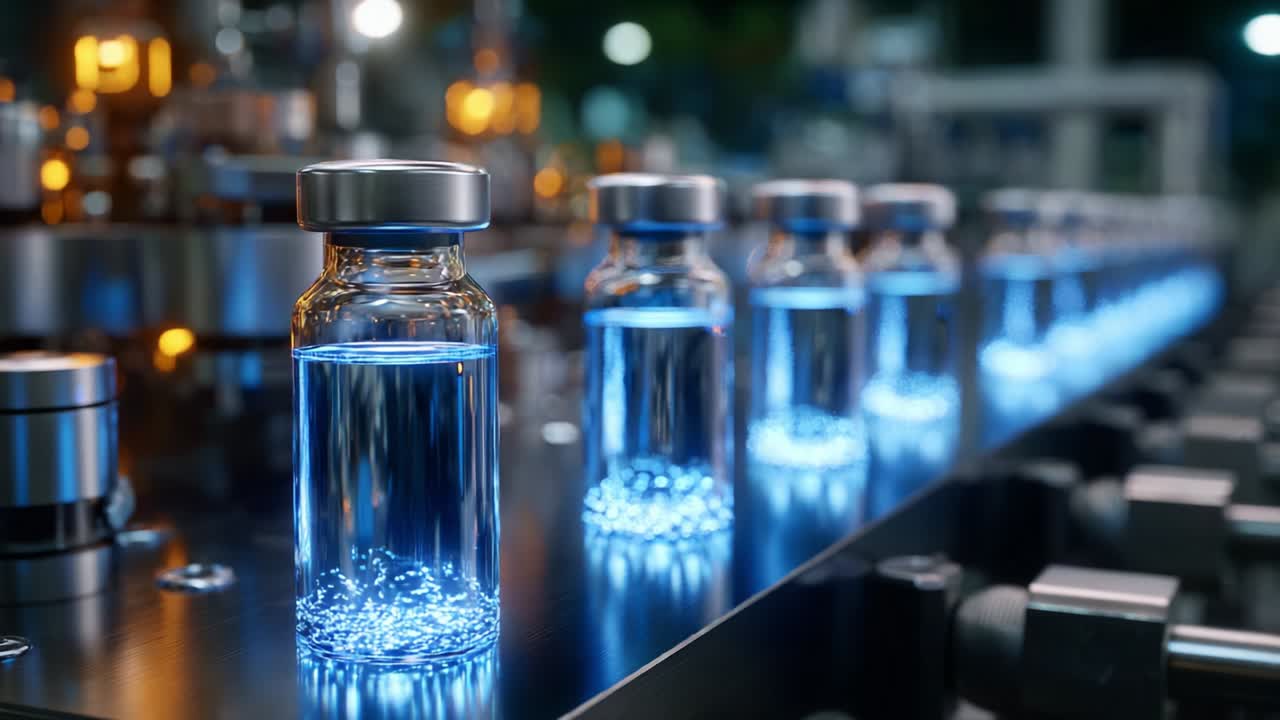 Industrial Bottling Process Featuring Vials with Illuminated Blue Liquid in a High-Tech Manufacturing Facility, Showcasing Advanced Technology in Pharmaceutical Production and Quality Control