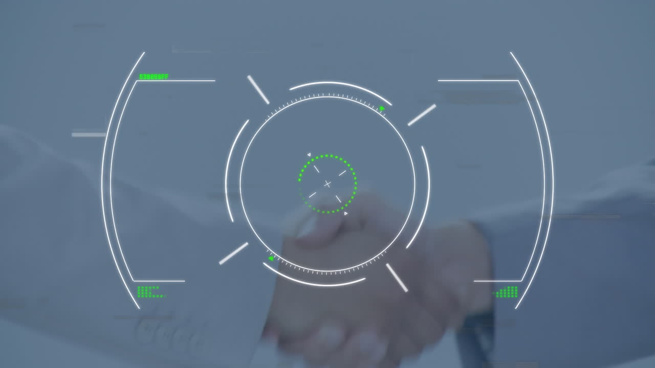 efecto de fallo sobre el escaneo del alcance contra la sección media del hombre de negocios y la mujer de negocios que dan la mano