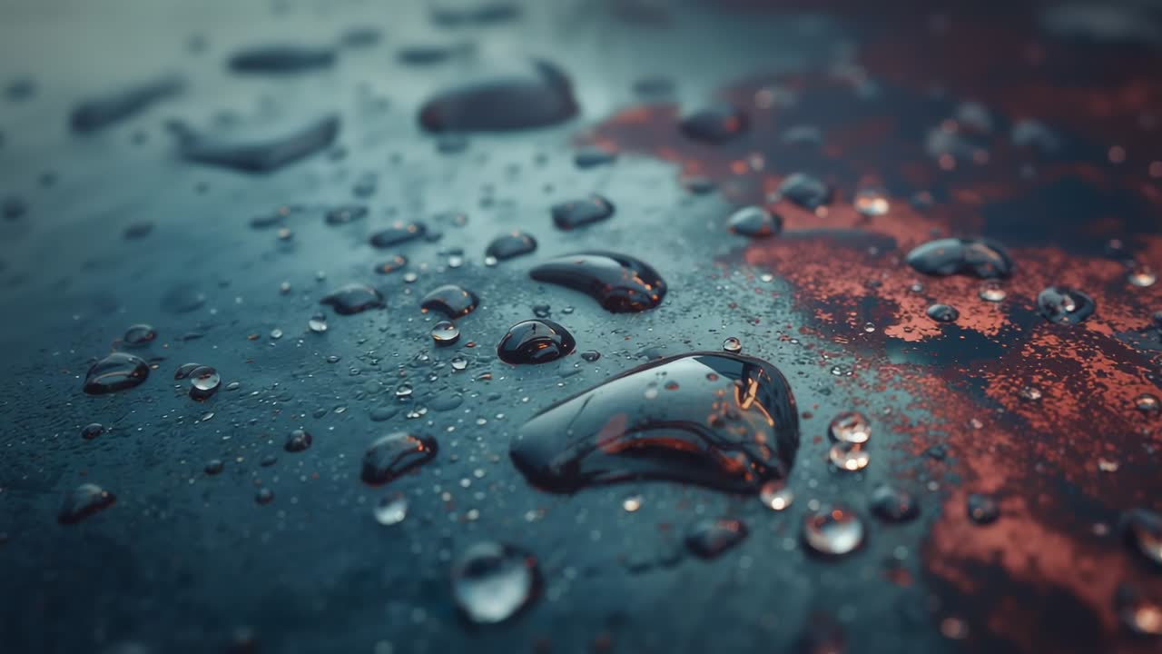Rack focusing camera shifting sharpness across lab green surface, showing water droplet reflections
