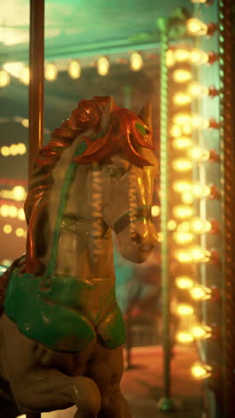 a vintage carousel horse illuminated by sparkling lights