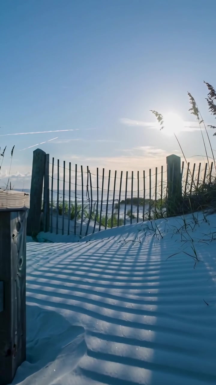 Video verticale: Telecamera panoramica mostra recinzione e palo di dune sulla spiaggia, sabbia ondulata che porta al mare