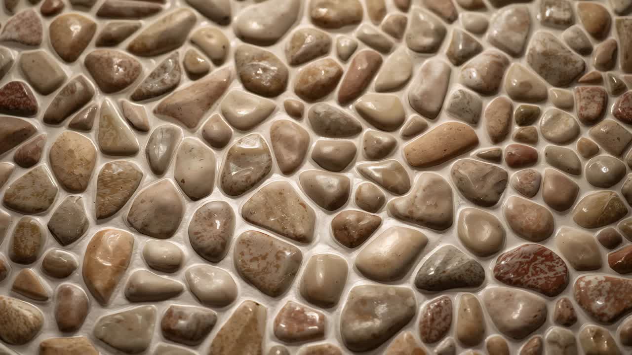 Ripresa panoramica che rivela riflessi mutevoli su mosaico di ciottoli e stucco in bagno, che mostra la finitura