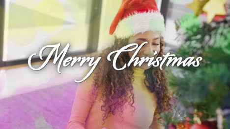 decorating christmas tree, woman with merry christmas text animation