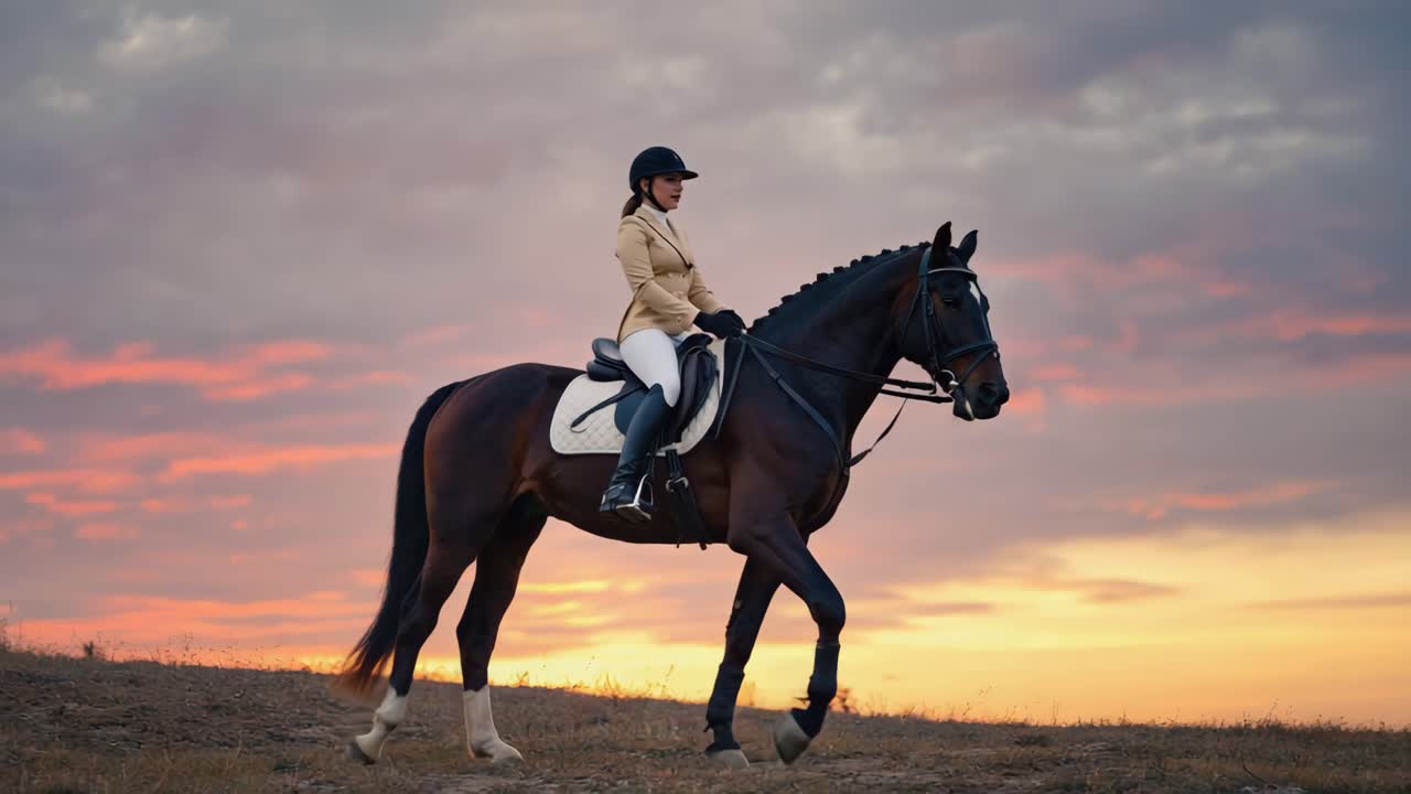 Una mujer montando a caballo al atardecer