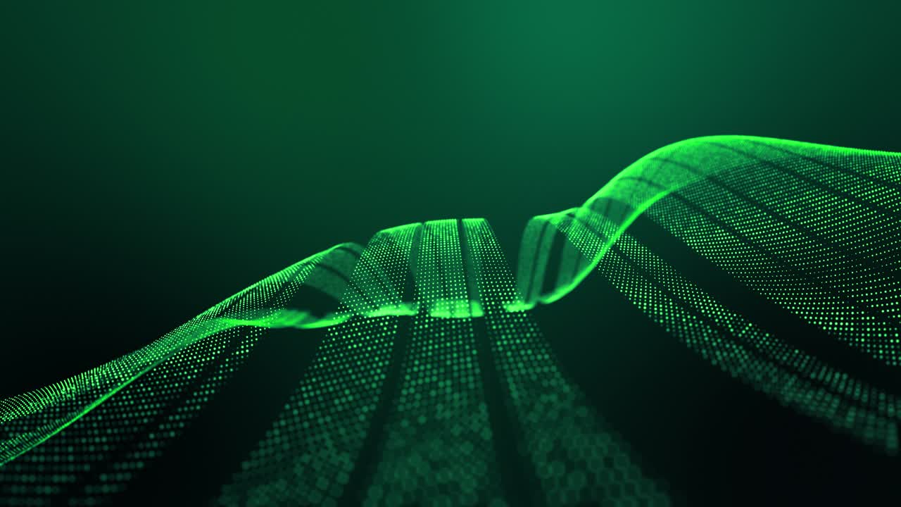 4k looped abstract green background of glow particles form lines, surfaces, stripes structures as futuristic landscape in cyberspace or hologram. Sci-fi theme with DOF, lighting effects and bokeh.