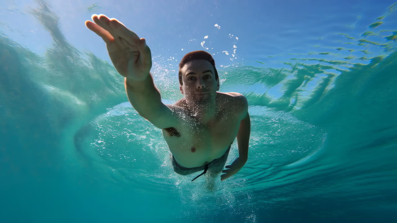 Uomo che nuota sott'acqua in acqua limpida e blu