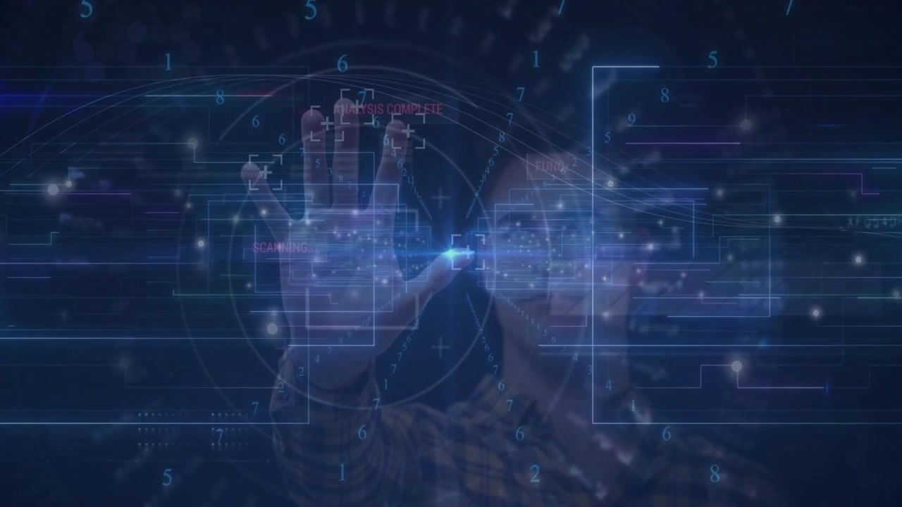 Male raising right hand into holographic scanning grid, capturing biometric data for authentication