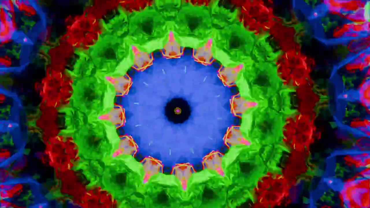 Cornici mandala in trasformazione che guidano rotazioni, spostamenti di anelli in campo scuro, nucleo blu, anello verde, rete rossa