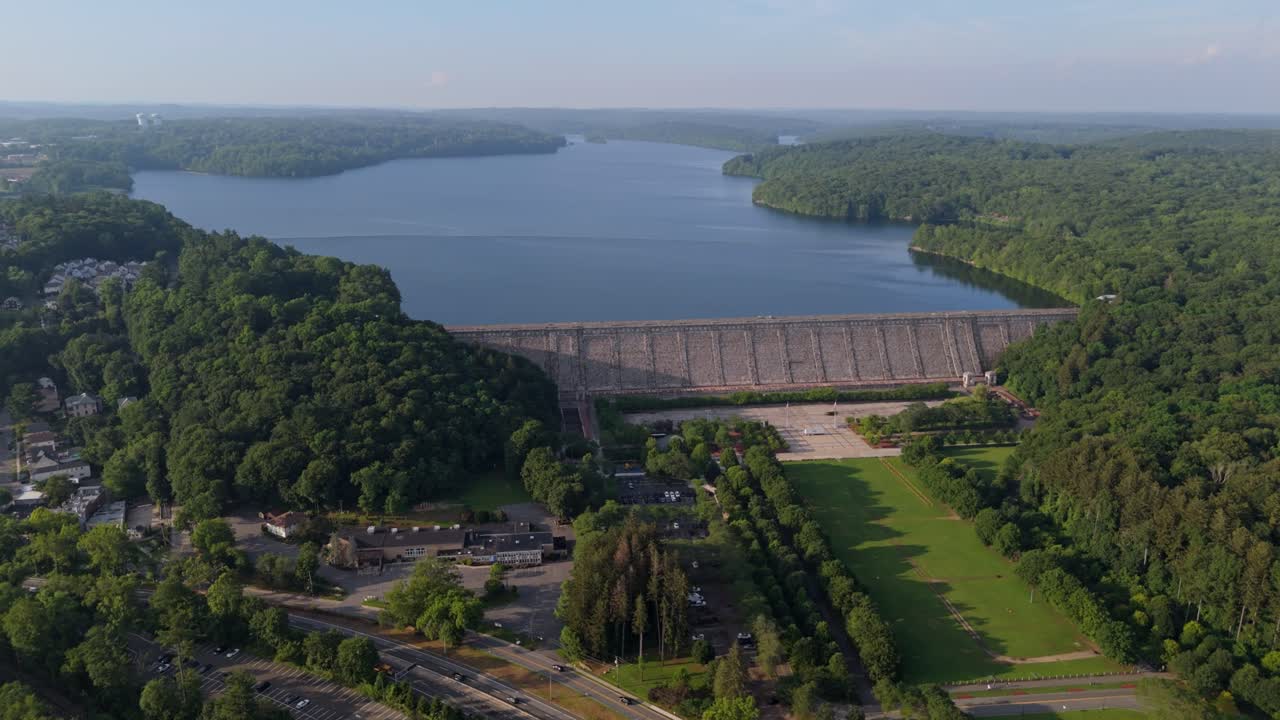 Kensico reservoir and dam wall in Westchester County, New York. Wide aerial