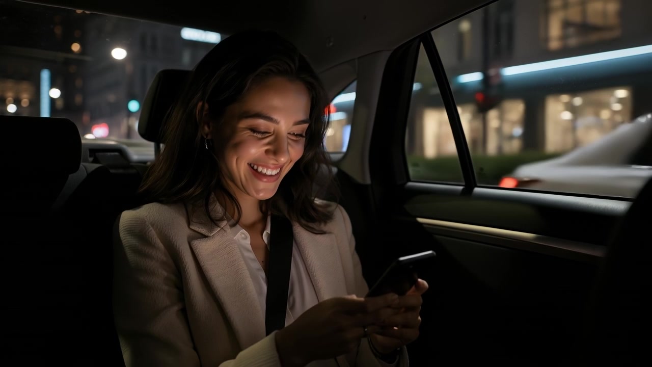 Jovem mulher feliz andando no banco de trás de um carro à noite usando um smartphone