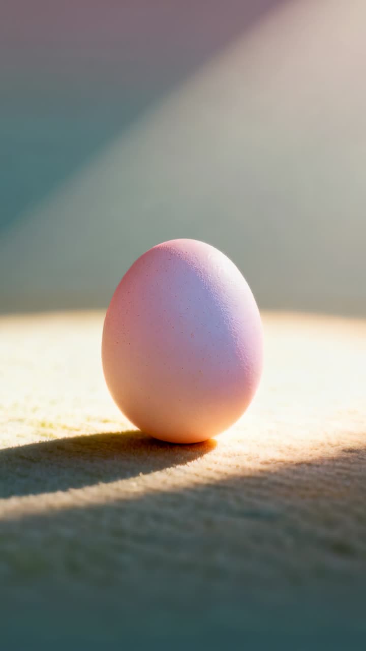 Vertical video: Shifting light and frame bringing pale egg to center on cloth table showing beam
