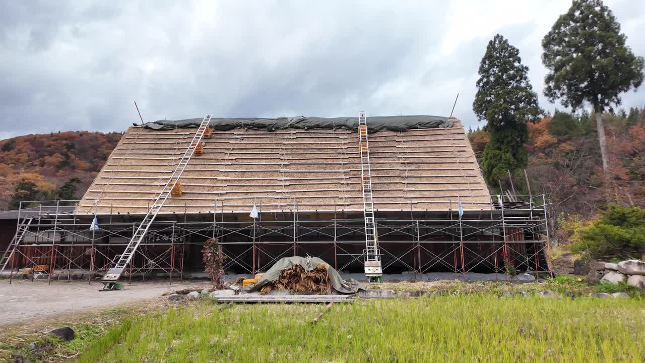 Construction workers are replacing the thatched roof of a traditional gassho zukuri farmhouse in Shirakawa go, Japan