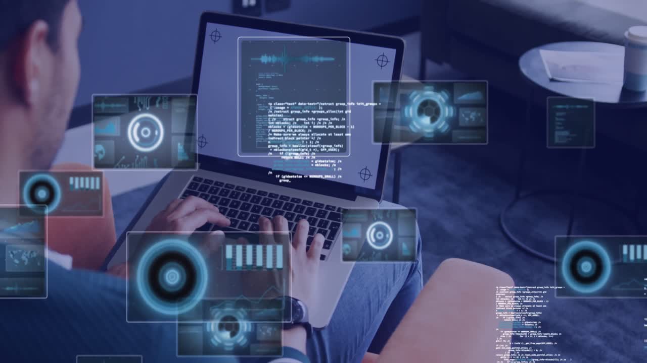 animación del procesamiento de datos sobre un hombre de negocios de raza mixta usando una computadora portátil