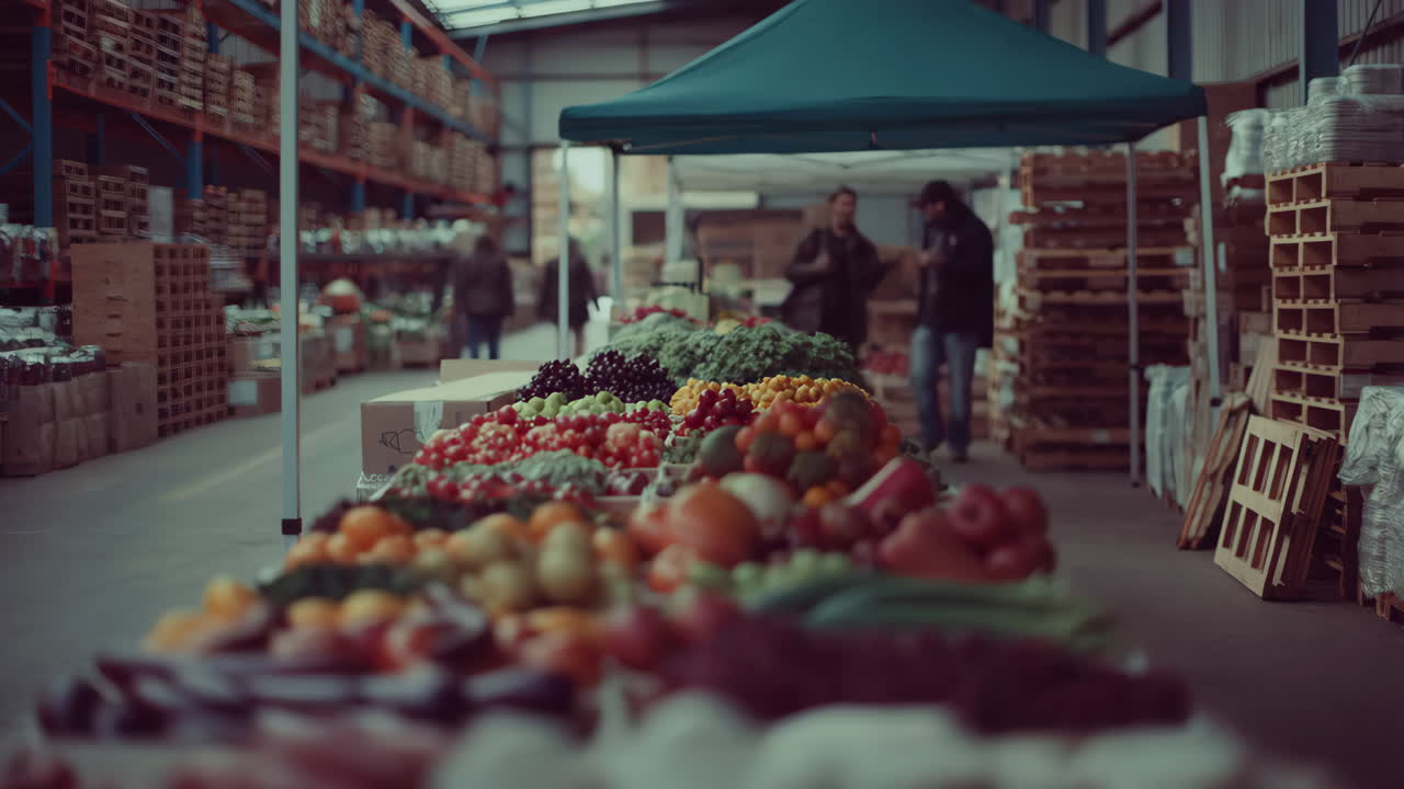 Indoor Produce Market with Fresh Fruits and Vegetables in a Warehouse Setting