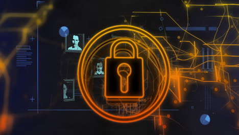 icono de bloqueo y conexiones digitales, animación de seguridad de datos sobre fondo abstracto