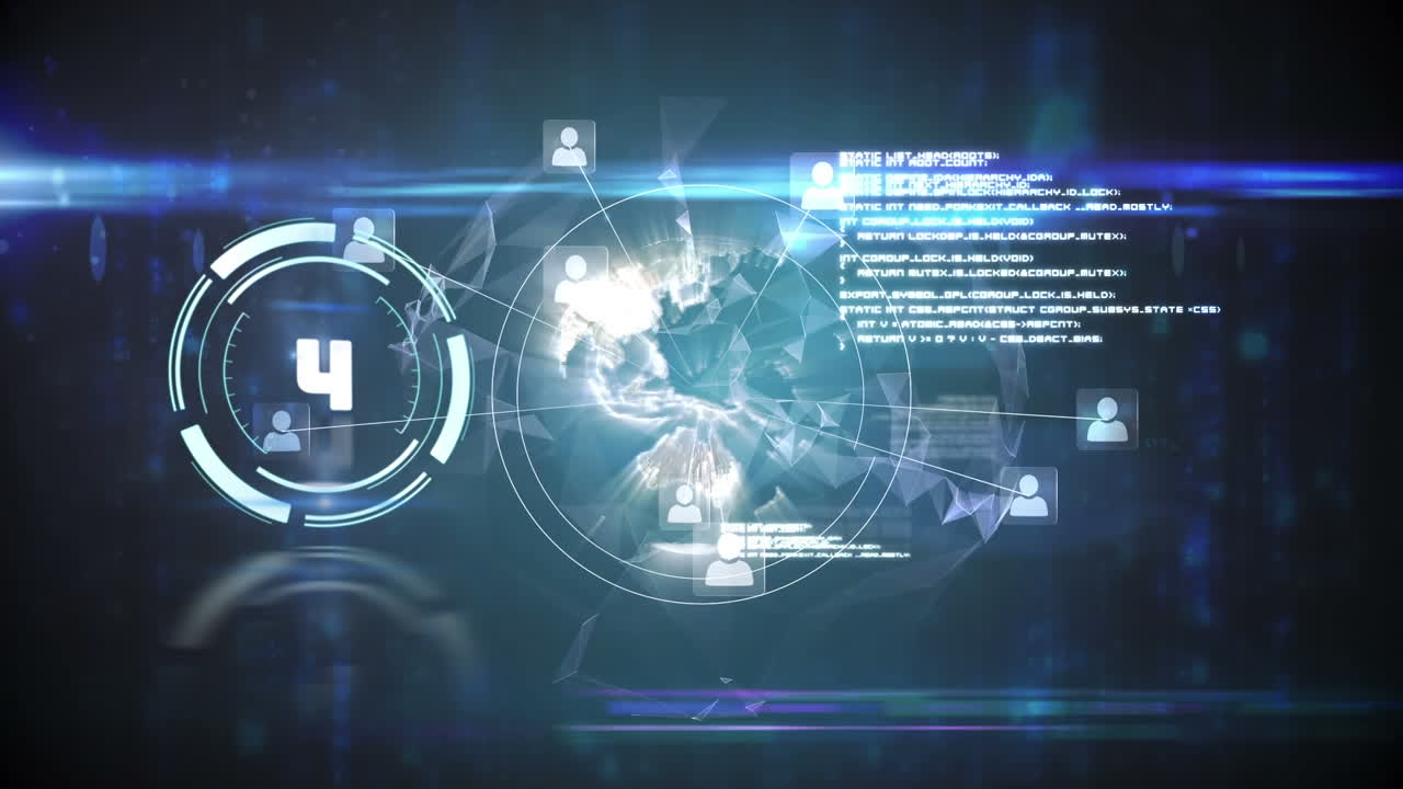 animación del escaneo del alcance con cuenta atrás sobre el procesamiento de datos y el globo con conexiones