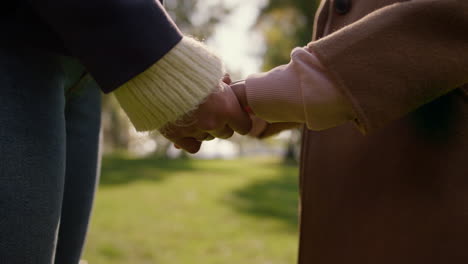 closeup mom hands joining daughter in autumn park. loving parent caress support