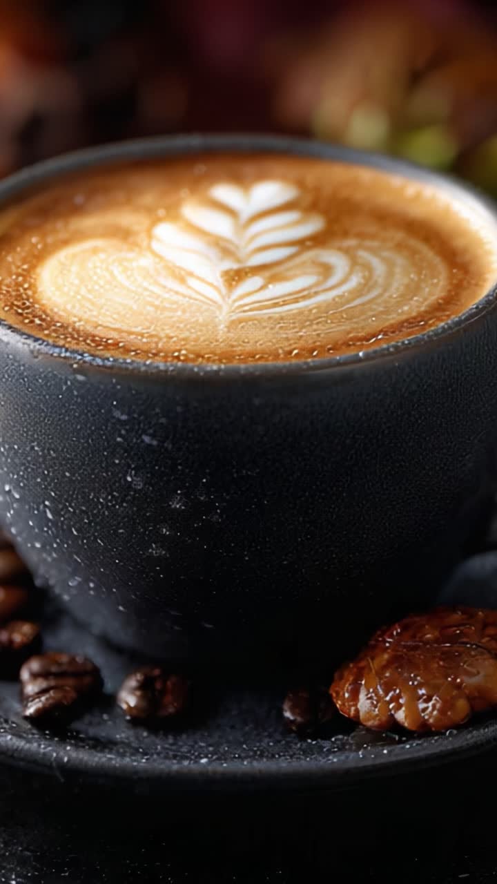 Una tazza di caffè squisitamente realizzata con un'elaborata latte art, che mette in mostra la consistenza ricca e i toni caldi, circondata da chicchi di caffè e un delizioso dessert