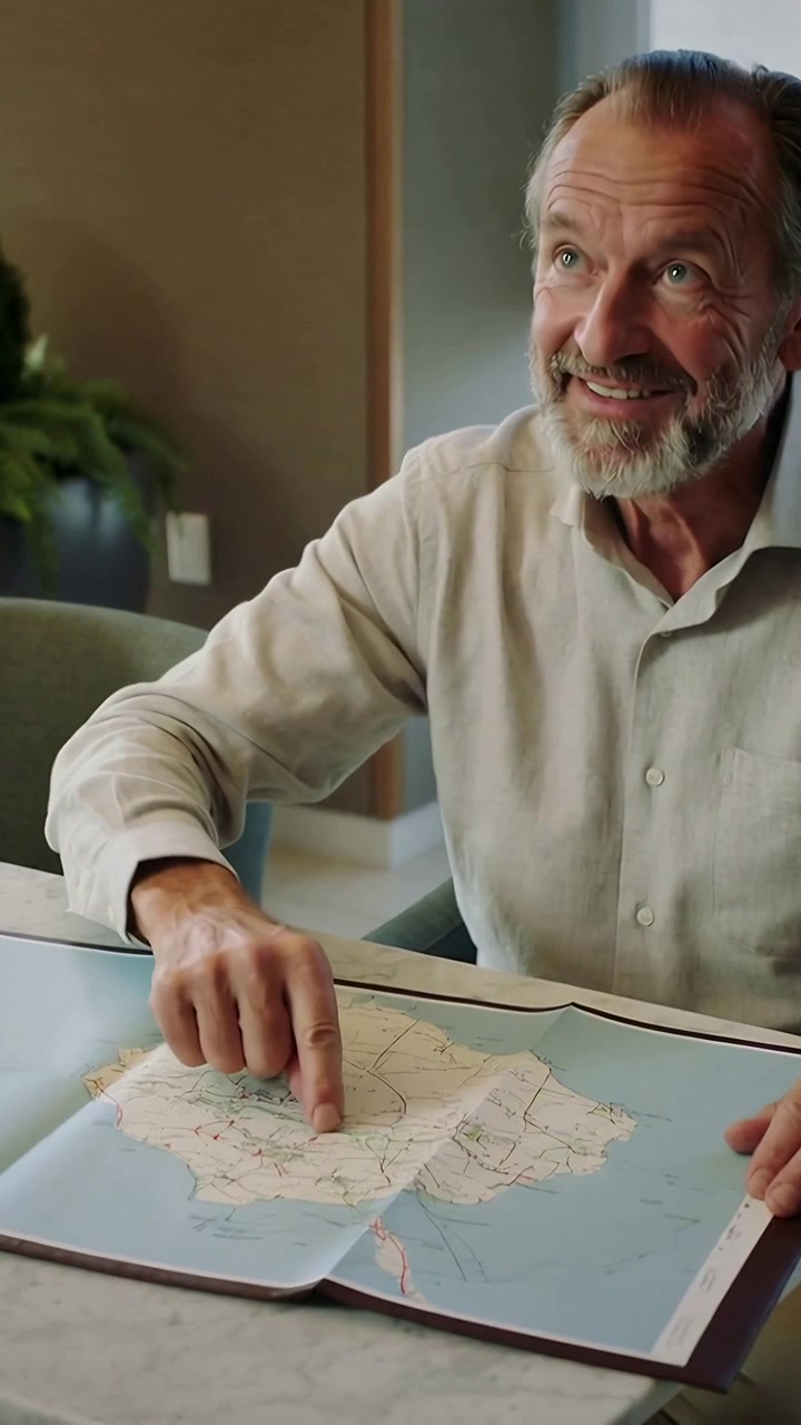 Vertical video: Unfolding map, senior man tracing coastal route at home in shirt, planning trip