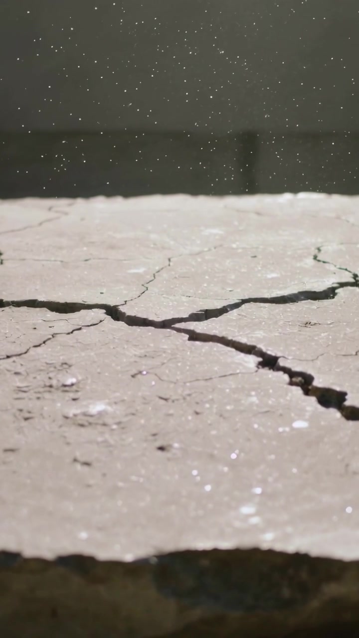 Video verticale: Particelle che appaiono sopra e si muovono su una lastra incrinata, con granelli di fessure frastagliate che brillano.