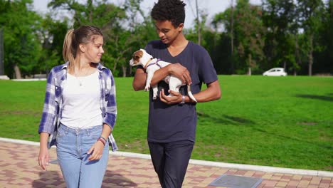 Cute-multi-ethnic-couple-walking-together-in-park-enjoying-the-day.-African-boy-is-holding-cute-little-jack-russell-terrier-and